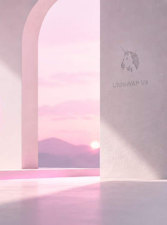 A pale stone archway opening onto a pink sunset, with the Uniswap V4 unicorn carved in the wall